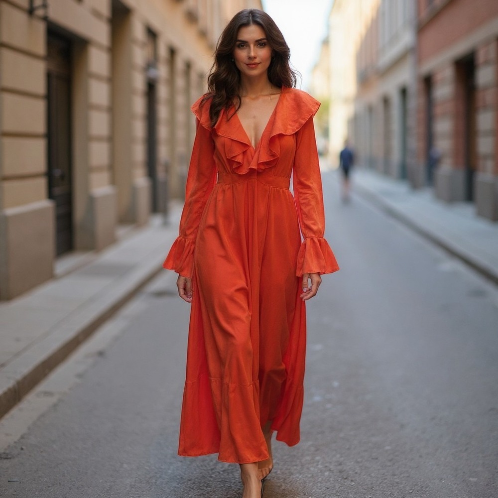 PrettyLittleThing Burnt Orange Ruffle V Neck Bell Sleeve Maxi Dress Size 10 NWT